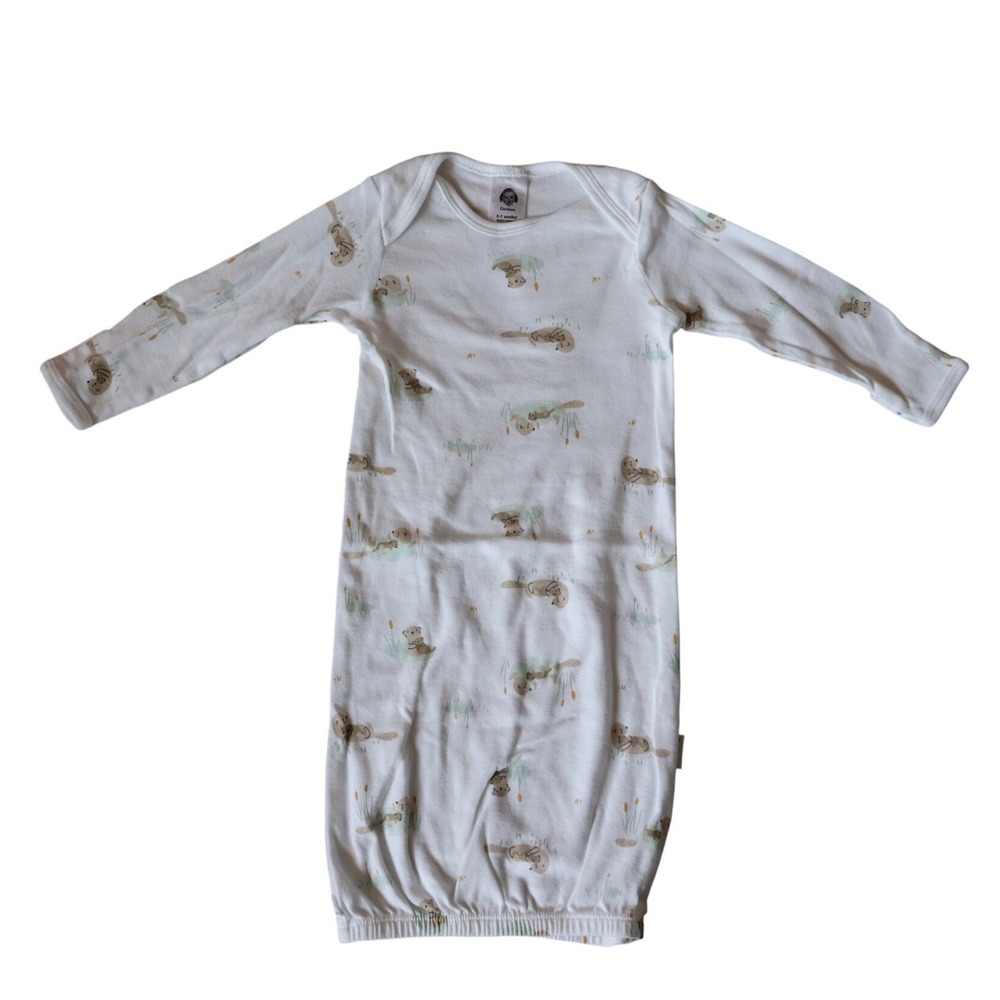 Gerber Baby Gown 0-3 Months White Otter Print Cotton Long Sleeve Sleeper Gown